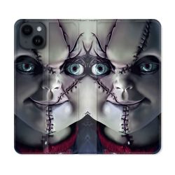 Housse Cuir Portefeuille Pour Iphone 15 (6,1) Horreur Chucky Cicatrice
