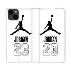 Housse Cuir Portefeuille Pour Iphone 15 (6,1) Jordan 23 Blanc