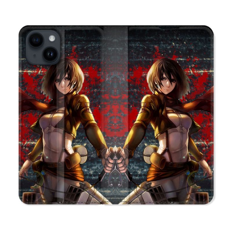 Housse Cuir Portefeuille Pour Iphone 15 (6,1) Manga Attaque Titans Mikasa