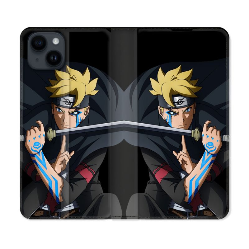 Housse Cuir Portefeuille Pour Iphone 15 (6,1) Manga Boruto Tatouage