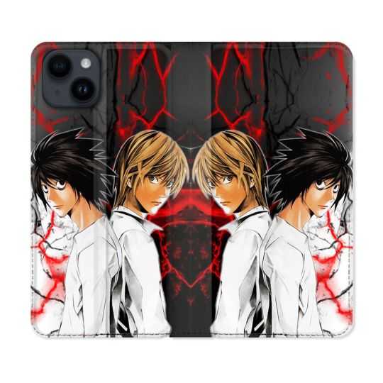 Housse Cuir Portefeuille Pour Iphone 15 (6,1) Manga Death Note Duo