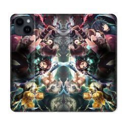 Housse Cuir Portefeuille Pour Iphone 15 (6,1) Manga Demon Slayer Groupe