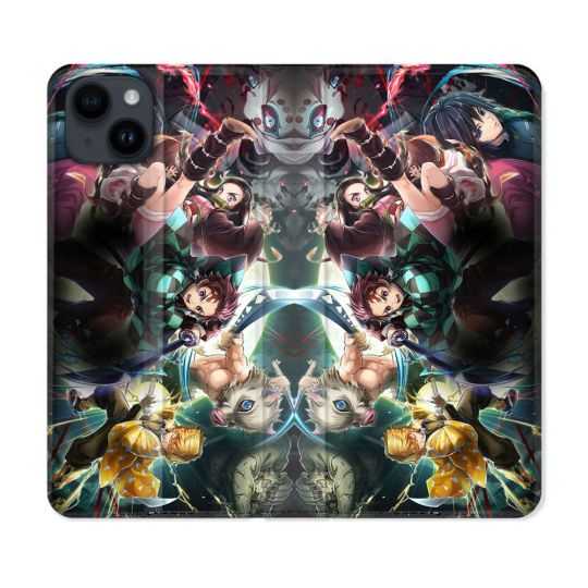 Housse Cuir Portefeuille Pour Iphone 15 (6,1) Manga Demon Slayer Groupe