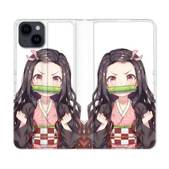 Housse Cuir Portefeuille Pour Iphone 15 (6,1) Manga Demon Slayer Nezuko