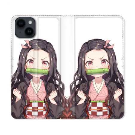 Housse Cuir Portefeuille Pour Iphone 15 (6,1) Manga Demon Slayer Nezuko