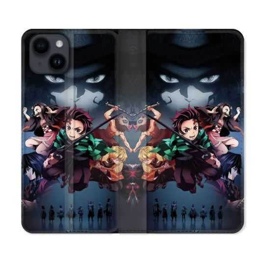 Housse Cuir Portefeuille Pour Iphone 15 (6,1) Manga Demon Slayer Noir