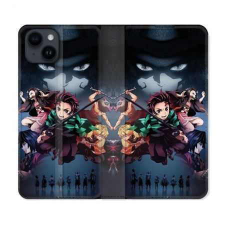 Housse Cuir Portefeuille Pour Iphone 15 (6,1) Manga Demon Slayer Noir