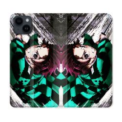 Housse Cuir Portefeuille Pour Iphone 15 (6,1) Manga Demon Slayer Tanjiro