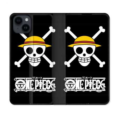 Housse Cuir Portefeuille Pour Iphone 15 (6,1) Manga One Piece Tete de Mort