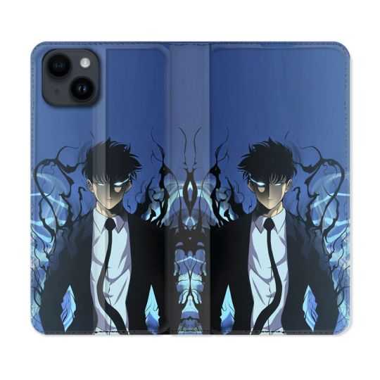 Housse Cuir Portefeuille Pour Iphone 15 (6,1) Manga Solo Leveling Sung Bleu