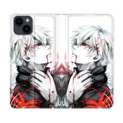 Housse Cuir Portefeuille Pour Iphone 15 (6,1) Manga Tokyo Ghoul Kaneki Blanc