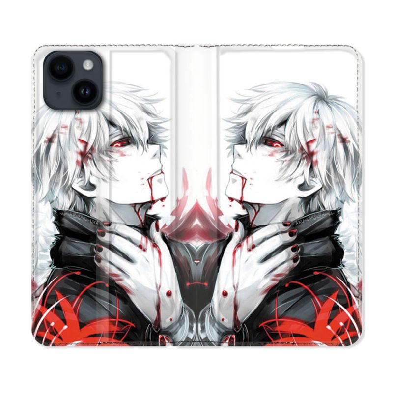 Housse Cuir Portefeuille Pour Iphone 15 (6,1) Manga Tokyo Ghoul Kaneki Blanc