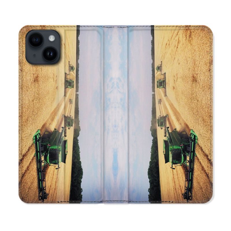 Housse Cuir Portefeuille Pour Iphone 15 Plus (6,7) Agriculture Moissonneuse