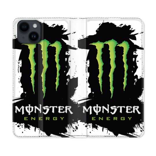 Housse Cuir Portefeuille Pour Iphone 15 (6,1) Monster Energy Tache