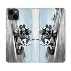 Housse Cuir Portefeuille Pour Iphone 15 (6,1) Moto Course GP Blanche