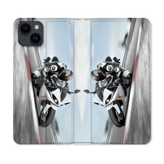 Housse Cuir Portefeuille Pour Iphone 15 (6,1) Moto Course GP Blanche