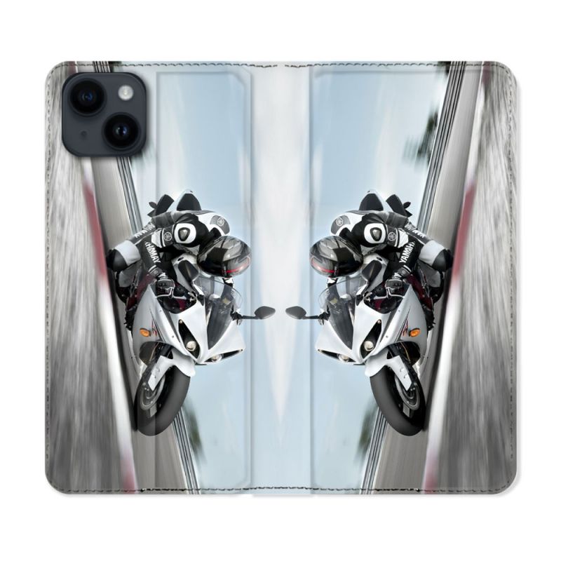 Housse Cuir Portefeuille Pour Iphone 15 (6,1) Moto Course GP Blanche