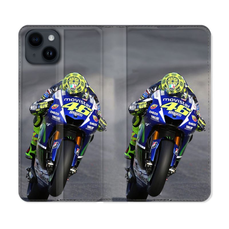 Housse Cuir Portefeuille Pour Iphone 15 (6,1) Moto Course GP Wheeling 46