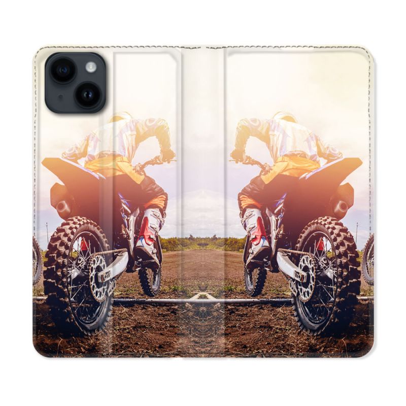 Housse Cuir Portefeuille Pour Iphone 15 (6,1) Moto Cross Soleil