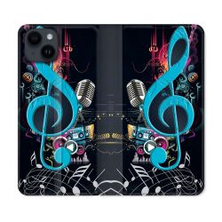 Housse Cuir Portefeuille Pour Iphone 15 (6,1) Musique Cle Sol Bleu