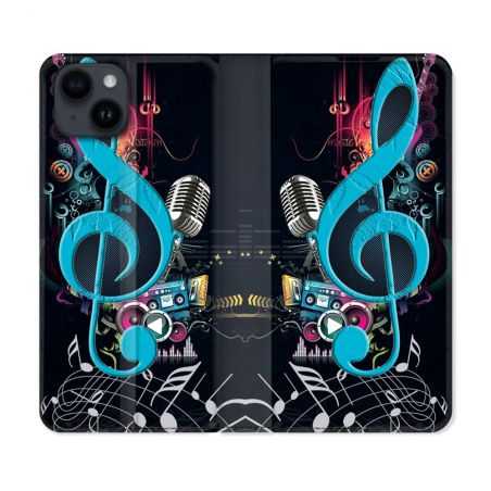 Housse Cuir Portefeuille Pour Iphone 15 (6,1) Musique Cle Sol Bleu
