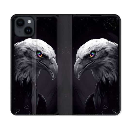 Housse Cuir Portefeuille Pour Iphone 15 Plus (6,7) Animal Aigle Royal Noir