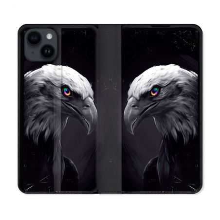 Housse Cuir Portefeuille Pour Iphone 15 Plus (6,7) Animal Aigle Royal Noir