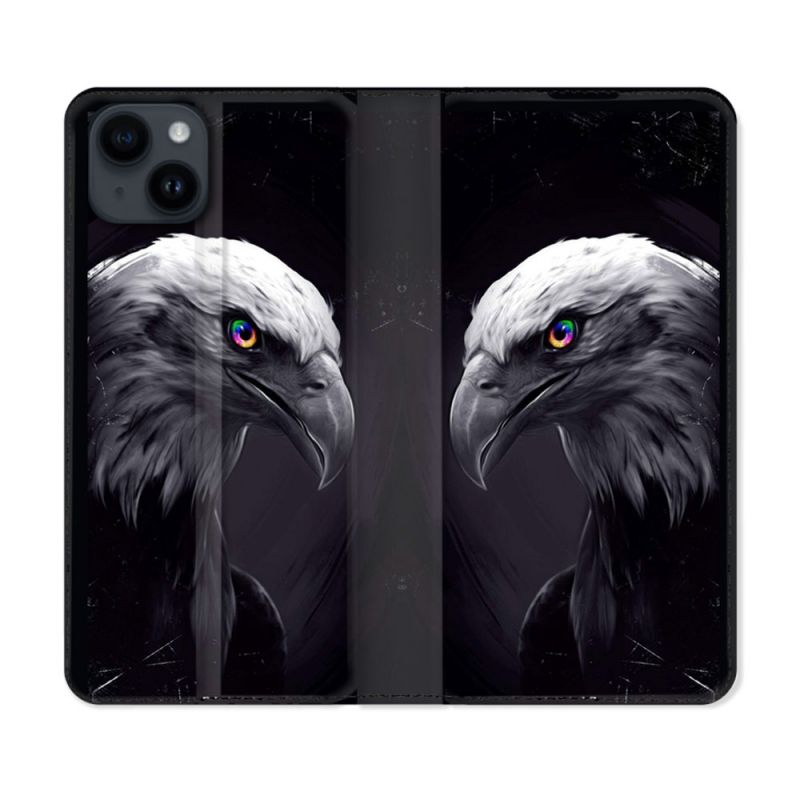 Housse Cuir Portefeuille Pour Iphone 15 Plus (6,7) Animal Aigle Royal Noir