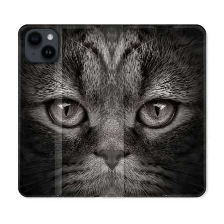 Housse Cuir Portefeuille Pour Iphone 15 Plus (6,7) Animal Chat Gris