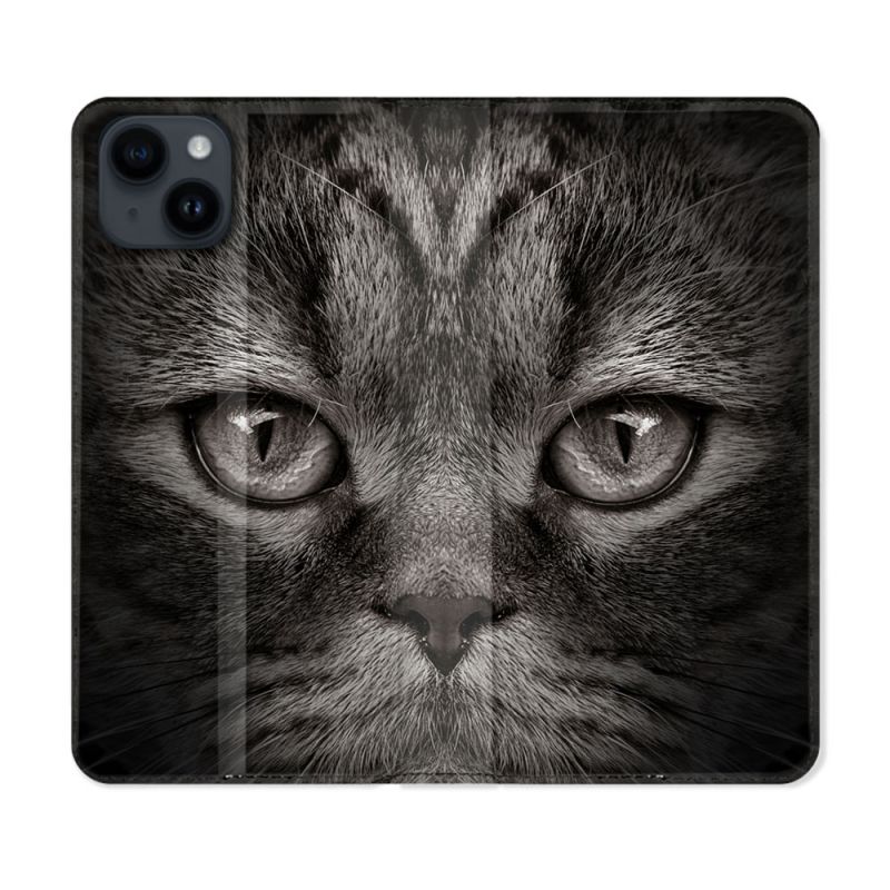 Housse Cuir Portefeuille Pour Iphone 15 Plus (6,7) Animal Chat Gris