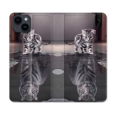 Housse Cuir Portefeuille Pour Iphone 15 Plus (6,7) Animal Chat Reflet