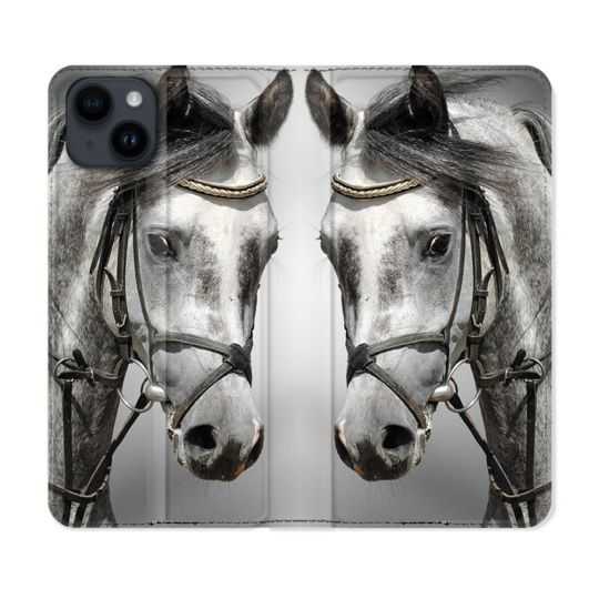 Housse Cuir Portefeuille Pour Iphone 15 Plus (6,7) Animal Cheval Blanc