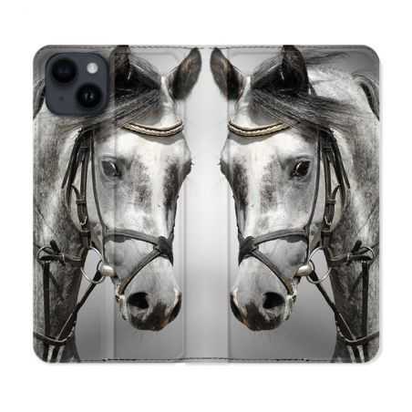 Housse Cuir Portefeuille Pour Iphone 15 Plus (6,7) Animal Cheval Blanc