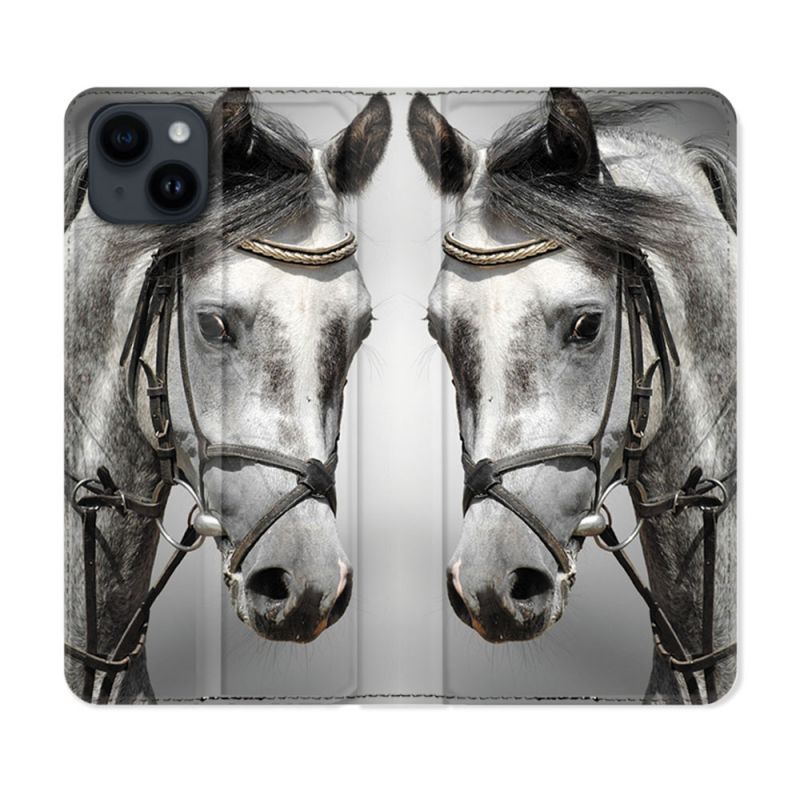 Housse Cuir Portefeuille Pour Iphone 15 Plus (6,7) Animal Cheval Blanc