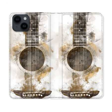Housse Cuir Portefeuille Pour Iphone 15 (6,1) Musique Guitare Tag