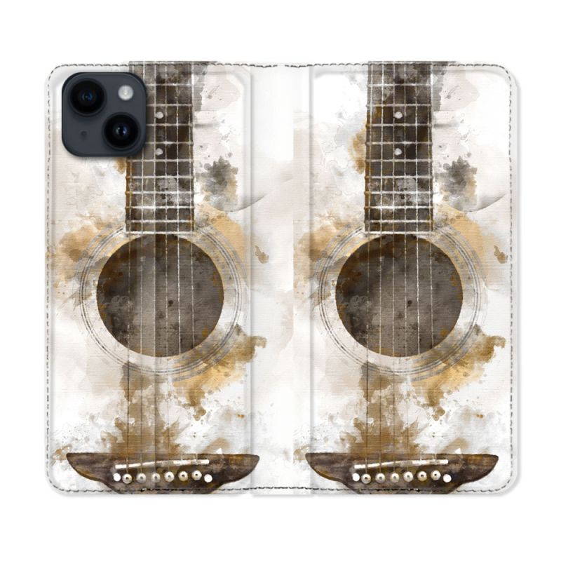 Housse Cuir Portefeuille Pour Iphone 15 (6,1) Musique Guitare Tag
