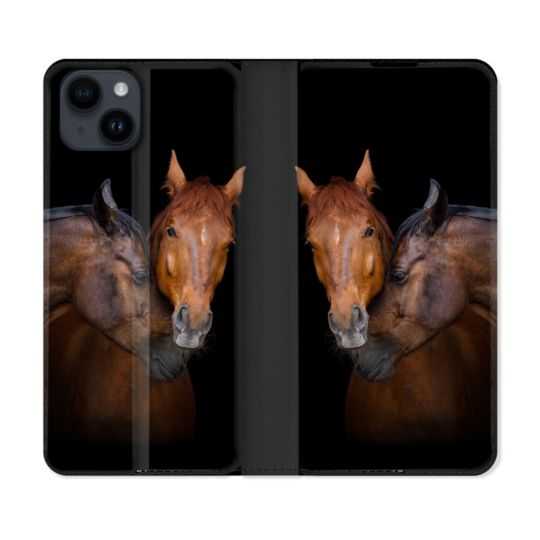 Housse Cuir Portefeuille Pour Iphone 15 Plus (6,7) Animal Cheval Marron