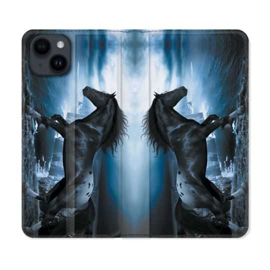 Housse Cuir Portefeuille Pour Iphone 15 Plus (6,7) Animal Cheval Noir