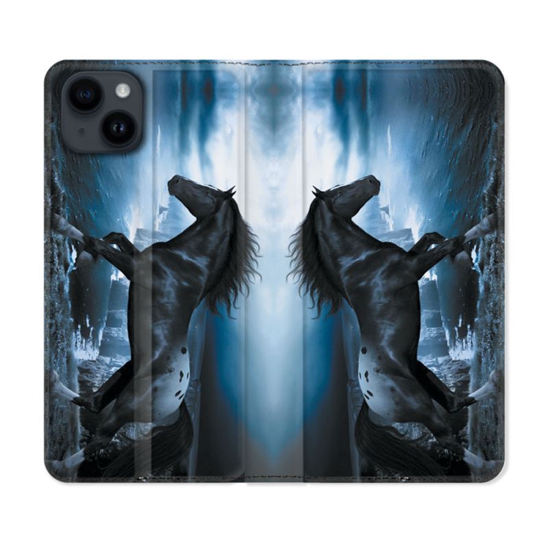 Housse Cuir Portefeuille Pour Iphone 15 Plus (6,7) Animal Cheval Noir