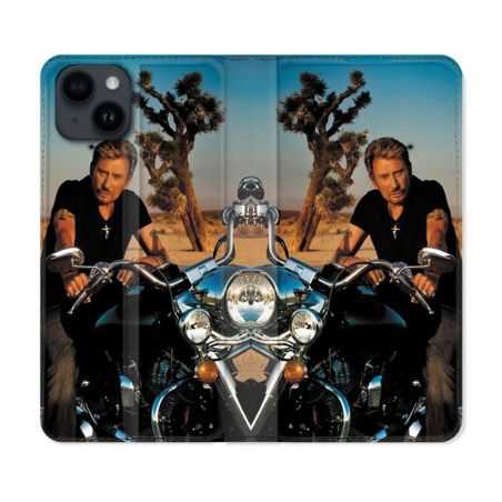 Housse Cuir Portefeuille Pour Iphone 15 (6,1) Musique Johnny Hallyday Moto