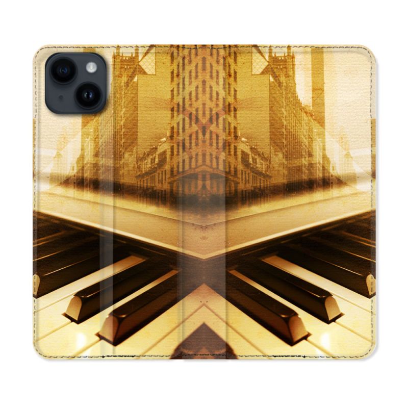 Housse Cuir Portefeuille Pour Iphone 15 (6,1) Musique Piano Retro