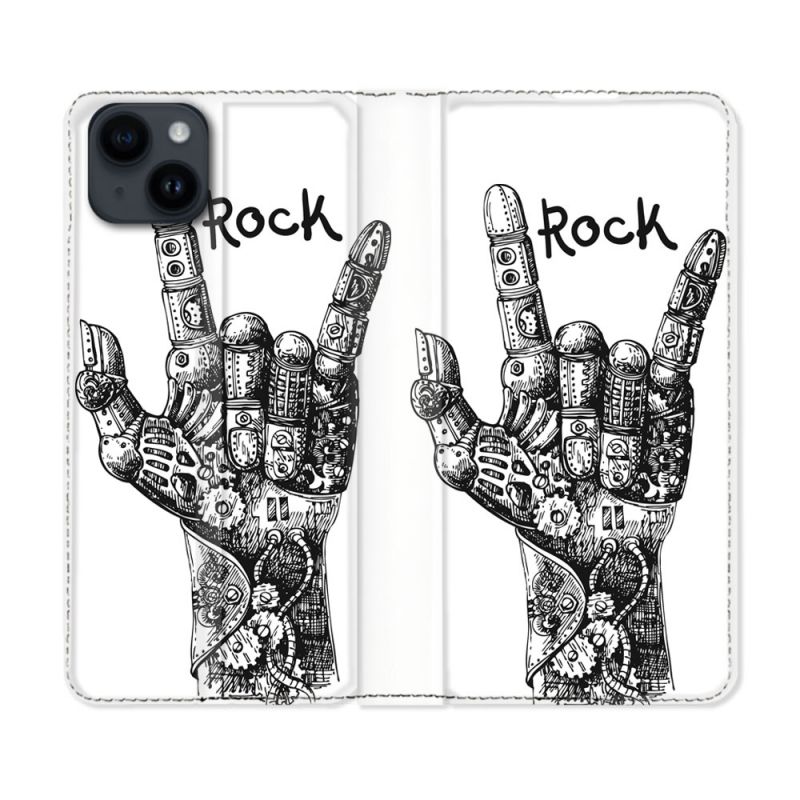 Housse Cuir Portefeuille Pour Iphone 15 (6,1) Musique Rock Main