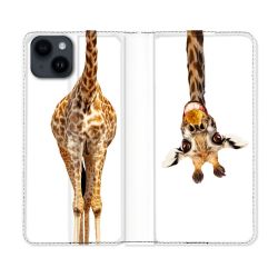 Housse Cuir Portefeuille Pour Iphone 15 Plus (6,7) Animal Girafe Blanche
