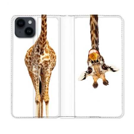 Housse Cuir Portefeuille Pour Iphone 15 Plus (6,7) Animal Girafe Blanche