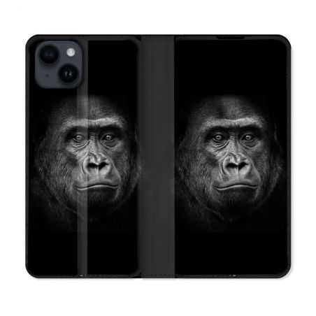 Housse Cuir Portefeuille Pour Iphone 15 Plus (6,7) Animal Gorille Noir
