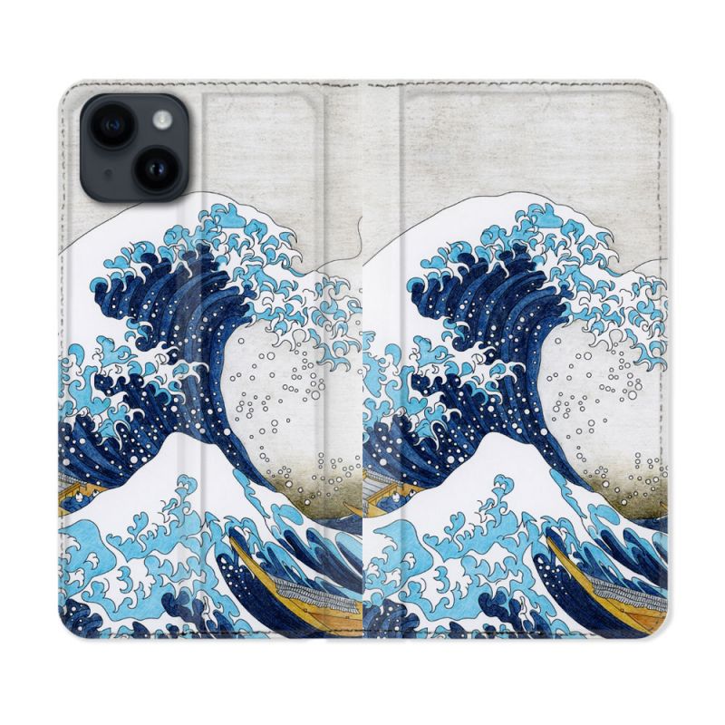 Housse Cuir Portefeuille Pour Iphone 15 (6,1) Peinture La Grande Vague