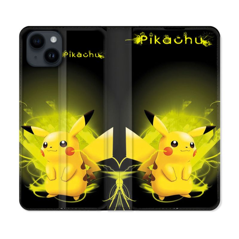 Housse Cuir Portefeuille Pour Iphone 15 (6,1) Pokemon Pikachu Eclair