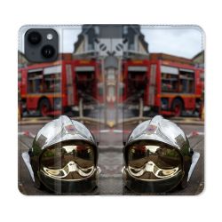 Housse Cuir Portefeuille Pour Iphone 15 (6,1) Pompier Casque Camion