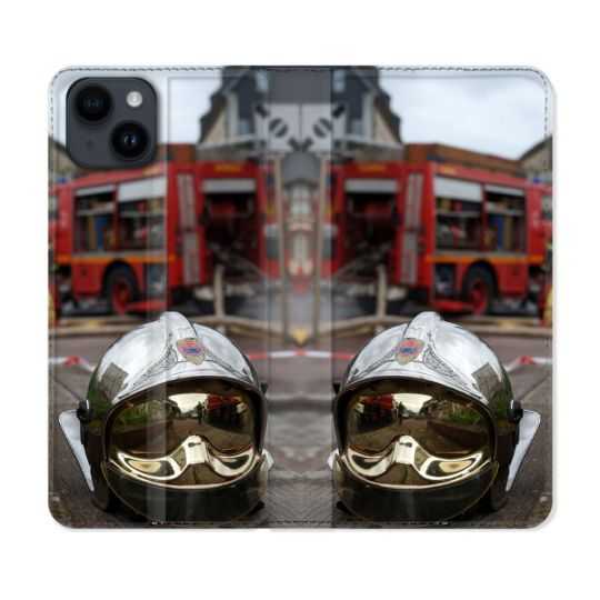 Housse Cuir Portefeuille Pour Iphone 15 (6,1) Pompier Casque Camion