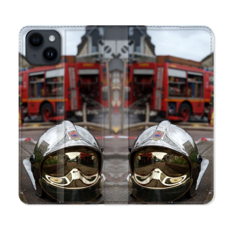 Housse Cuir Portefeuille Pour Iphone 15 (6,1) Pompier Casque Camion